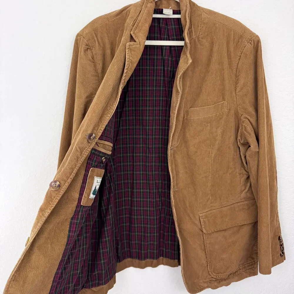 L.L. Bean Mens Corduroy Blazer Jacket Size 44 Reg Tartan Lined Cotton Retro Tan